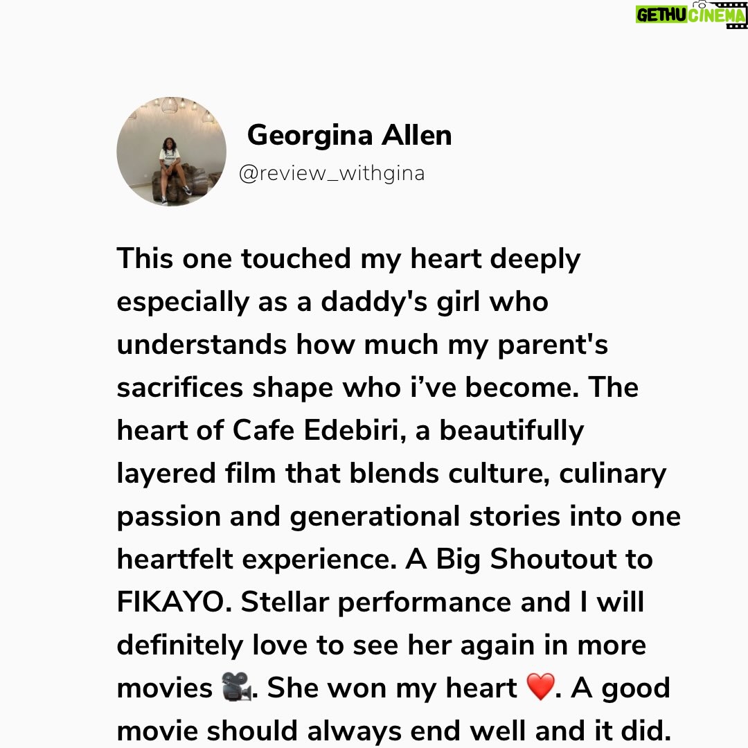 Bolaji Ogunmola - 642 Likes - Youtube Movie 🎥 Review 

Title: CAFE EDEBIRI

Rating: 9/10

Cafe Edebiri is a movie that that talks about Family Legacy. A must watch movie and I highly recommend for everyone to watch. Everything about the movie 🎥 was so real. 

My love for good stories started with my daddy, he is also a Proud Nollywood lover and Cafe Edebiri reminded me why family legacies matter.

If you know me, you will know I am a daddy’s girl to the core, so any movie about family legacy. Trust me I am locked in👌🤌. 

Family Legacy, Bitterness, Emotions, Forgiveness, Identity & purpose, Love communicated through food is the heart of Cafe Edebiri. 

The movie 🎥 is a beautifully layered film that blends culture, family centered drama, culinary passion and generational stories into one heartfelt experience.

This movie takes us into a family owned cafe  where recipes are not just food but they are MEMORIES , you can also call it battles, love letters, friendship and sometimes SCARS. 

I enjoyed the stellar performances from our great veteran actors @osuofia_nkemowoh and @tinamba1 They interpreted their roles so well as always. Their chemistry feels authentic, like a real Nigerian family with flaws and big hearts.

It was refreshing watching @osuofia_nkemowoh You brought a steady emotional fatherly presence to the film. Jisie Ike Papa. God bless you Sir. May you live long in good health of mind and body always. 

A great production. The cast and crew did a fantastic job. Oh no perfect casting 🤌. 

My Favourite Character is Imade @bolajiogunmola Your acting prowess🔥🔥🔥🔥🔥🔥🔥🔥🔥. You Dey Act abeg. Well done ❤️ and God bless you for telling this story 🤌👌. 

Let me know in the comment section if you have watched Cafe Edebiri. Tell me your view about the movie, your favourite character and your favourite scene 🎬. Drop it in the comment below 👇. 

Follow @reviews_withgina for movie 🎥 reviews and YouTube movie recommendations 👌. Thank you. 💙

Love From Reviews with Gina ✍️
.
.
.
.
.
.
#reviewswithgina #reviewswithginatv #youtubemoviereview #youtubemovie #explore #youtubemovie #youtubemovierecommendation #nollywoodmovie #bolajiogunmolatv #cafeedebiri