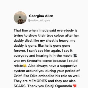 Bolaji Ogunmola Instagram - Youtube Movie 🎥 Review 

Title: CAFE EDEBIRI

Rating: 9/10

Cafe Edebiri is a movie that that talks about Family Legacy. A must watch movie and I highly recommend for everyone to watch. Everything about the movie 🎥 was so real. 

My love for good stories started with my daddy, he is also a Proud Nollywood lover and Cafe Edebiri reminded me why family legacies matter.

If you know me, you will know I am a daddy’s girl to the core, so any movie about family legacy. Trust me I am locked in👌🤌. 

Family Legacy, Bitterness, Emotions, Forgiveness, Identity & purpose, Love communicated through food is the heart of Cafe Edebiri. 

The movie 🎥 is a beautifully layered film that blends culture, family centered drama, culinary passion and generational stories into one heartfelt experience.

This movie takes us into a family owned cafe  where recipes are not just food but they are MEMORIES , you can also call it battles, love letters, friendship and sometimes SCARS. 

I enjoyed the stellar performances from our great veteran actors @osuofia_nkemowoh and @tinamba1 They interpreted their roles so well as always. Their chemistry feels authentic, like a real Nigerian family with flaws and big hearts.

It was refreshing watching @osuofia_nkemowoh You brought a steady emotional fatherly presence to the film. Jisie Ike Papa. God bless you Sir. May you live long in good health of mind and body always. 

A great production. The cast and crew did a fantastic job. Oh no perfect casting 🤌. 

My Favourite Character is Imade @bolajiogunmola Your acting prowess🔥🔥🔥🔥🔥🔥🔥🔥🔥. You Dey Act abeg. Well done ❤️ and God bless you for telling this story 🤌👌. 

Let me know in the comment section if you have watched Cafe Edebiri. Tell me your view about the movie, your favourite character and your favourite scene 🎬. Drop it in the comment below 👇. 

Follow @reviews_withgina for movie 🎥 reviews and YouTube movie recommendations 👌. Thank you. 💙

Love From Reviews with Gina ✍️
.
.
.
.
.
.
#reviewswithgina #reviewswithginatv #youtubemoviereview #youtubemovie #explore #youtubemovie #youtubemovierecommendation #nollywoodmovie #bolajiogunmolatv #cafeedebiri