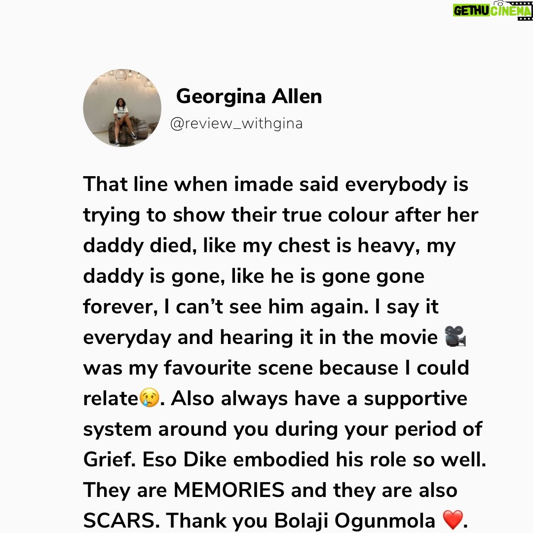 Bolaji Ogunmola - 642 Likes - Youtube Movie 🎥 Review 

Title: CAFE EDEBIRI

Rating: 9/10

Cafe Edebiri is a movie that that talks about Family Legacy. A must watch movie and I highly recommend for everyone to watch. Everything about the movie 🎥 was so real. 

My love for good stories started with my daddy, he is also a Proud Nollywood lover and Cafe Edebiri reminded me why family legacies matter.

If you know me, you will know I am a daddy’s girl to the core, so any movie about family legacy. Trust me I am locked in👌🤌. 

Family Legacy, Bitterness, Emotions, Forgiveness, Identity & purpose, Love communicated through food is the heart of Cafe Edebiri. 

The movie 🎥 is a beautifully layered film that blends culture, family centered drama, culinary passion and generational stories into one heartfelt experience.

This movie takes us into a family owned cafe  where recipes are not just food but they are MEMORIES , you can also call it battles, love letters, friendship and sometimes SCARS. 

I enjoyed the stellar performances from our great veteran actors @osuofia_nkemowoh and @tinamba1 They interpreted their roles so well as always. Their chemistry feels authentic, like a real Nigerian family with flaws and big hearts.

It was refreshing watching @osuofia_nkemowoh You brought a steady emotional fatherly presence to the film. Jisie Ike Papa. God bless you Sir. May you live long in good health of mind and body always. 

A great production. The cast and crew did a fantastic job. Oh no perfect casting 🤌. 

My Favourite Character is Imade @bolajiogunmola Your acting prowess🔥🔥🔥🔥🔥🔥🔥🔥🔥. You Dey Act abeg. Well done ❤️ and God bless you for telling this story 🤌👌. 

Let me know in the comment section if you have watched Cafe Edebiri. Tell me your view about the movie, your favourite character and your favourite scene 🎬. Drop it in the comment below 👇. 

Follow @reviews_withgina for movie 🎥 reviews and YouTube movie recommendations 👌. Thank you. 💙

Love From Reviews with Gina ✍️
.
.
.
.
.
.
#reviewswithgina #reviewswithginatv #youtubemoviereview #youtubemovie #explore #youtubemovie #youtubemovierecommendation #nollywoodmovie #bolajiogunmolatv #cafeedebiri