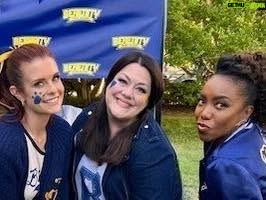 Brooke Elliott Instagram - The Bulldog’s Tailgating episode was one of my favorites to shoot. We had so much fun. Don’t underestimate how hard you can laugh when you give 100% to all out barking.  Special shoutout to our immensely talented wardrobe department for making all of our Bulldog Swag🐾💙. They put meticulous detail into our show and we are so lucky to have them on Sweet Mags. @camerondalecostumes
@kristin_costumes 
#gobulldogs
#serenityspirit