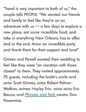 Camryn Grimes Instagram - Thank you @people for featuring our wedding and let us brag on all of the lovely details of this incredible day! We’re so grateful to every single person who helped make this happen and will obviously be sharing until you’re all sick of it.

Venue: @thecolumnshotel 
Planner: @michellenorwoodevents 
Photographer: @modavisphotography 
Flowers: @michellewestdesign 
Dress: @kyhabride 
Suit: @annieandnora @houseofgray_ 
Brass band: @kinfolkbrassbandnola