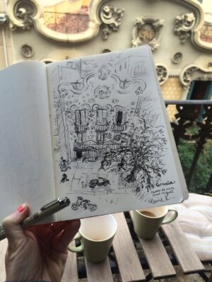 Claire Keane Instagram - Combing through #2016 pics hurts my heart I love them so much. Here are some highlights from that year 

1. Sketch of mom and dad showing the kids an old black and white movie on my dad’s laptop

2. @disneyanimation asked me to come back to reconfigure part of my mural in the hallway because they 
added a doorway to it. I loved every second of being back in that building. 

3. Matisse doing some marketing on my phone for Little Big Girl

4. Sketch of Matisse’s friends Lila, Khloe and Nakula from a class trip I chaperoned to Temescal Canyon. 

5. Roman and his cousin in the front row stole the show at my launch for Little Big Girl at @childrensbookworld 

6.Barcelona sketch in Gracia from our Airbnb Carrer de la Riera Sant Miquel. 

7.Florence sketch after Ingrid’s fabulous wedding in Tuscany.

8.Roman serenading @miriamgutierrez24 with a song about the dangers of going on a walk. A dramedy about drunk angels