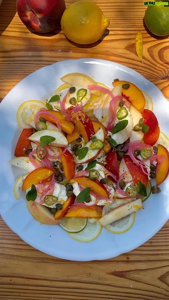 Claudia Fontán - 13K Likes - Hoy, ensalada de duraznos 🍑🍑🍑

Ingredientes:
Duraznos amarillos , blancos y pelones ( cualquiera de estas variedades o todos!)
El queso puede ser :
Polpetta , mozzarella , burratta ,Ricotta.
Rodajas bien finitas de limon y lima , ( a mi me gustan asi nomas ) pero se usan encurtidas que un dia las voy a hacer .
Cada capa la condimentamos con oliva , sal y limon o vinagre .
Por encima alcaparras , ralladura de limon , chiles frescos , pickles, lo que tengas !( algo que me olvide es un chorrito de miel , con el vinagre queda muy bien ).

Siempre disfruto de estas recetas al sol y mas si estoy cuidandome con el Anthelios Fluido Anti-Manchas de @larocheposay porque ademas de protegerme, me cuida las manchas ya que tiene la molecula Melasyl 
y lo mas importante Mexoryl 400, que es el filtro mas eficaz contra los rayos UV #VeranoConAnthelios
#LaFamiliaAnthelios
#UVMUNE400