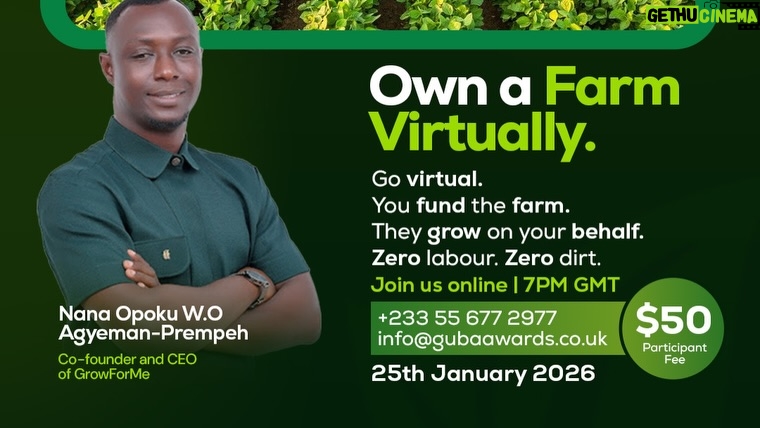 Dentaa - 725 Likes - With Grow For Me, you can fund farms from anywhere  no soil, no sweat, just real growth and returns. 🌾

Reconnect with your heritage, support local farmers, and be part of Africa’s agricultural revolution. Every investment fuels economic empowerment and strengthens diaspora connections. Have questions? 

This is your chance to get answers! Join our live online session, gain clarity on investment opportunities, and see how your contribution makes a real difference.  25 Jan 2026  7:00 PM
Registration: $50  Comment Grow For Me and a Link would be sent. contact-info@gubaawards.co.uk #linkinbio  #VirtualFarming #GrowForMe #DiasporaInvestment #InvestInAfrica

Video by @vanessakanbi 👏🏾👏🏾