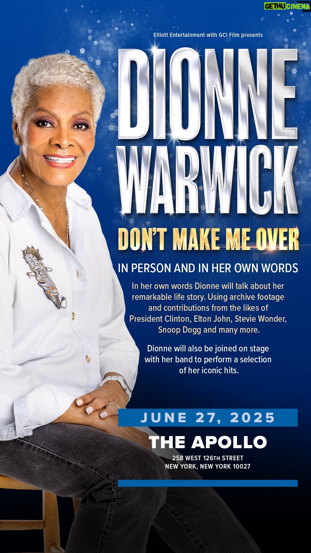 Dionne Warwick - 9.9K Likes - Join me at the @apollotheater June 27th. I’ll be “spilling tea” (as you all would say), singing and everything in between. 🥰 You won’t want to miss it. Get your tickets early!

🔗 Link in bio