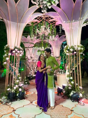 Dixita Patel Instagram - First wedding as fiancés and suddenly everything feels extra special 🥹💍🫶
.
.
.
First saree look - @houseofbaisa_jaipur 
Black saree - I made it from scratch 
Red set - @deepak_tailor_gk 
Pastel Pink anarkali - @labelratan
.
.
#wedding #couple #indianwedding #shaadi #couples