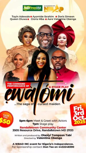 Doris Simeon Instagram - @officialtoyinadewale 
My Mood Throughout This Week Cos EWATOMI (The cursed maiden) is coming on stage this Friday Oct 3rd 

Venue : Randallstown community Center 
3505 Resource Drive, Randallstown MD 21133

Time : 5pm - 6pm  Red Carpet 
Show starts  7Pm prompt 

Please call Teniola on 240-437-8342 to get your tickets. 

May God bless you as you all come out to support us 🙏❤️