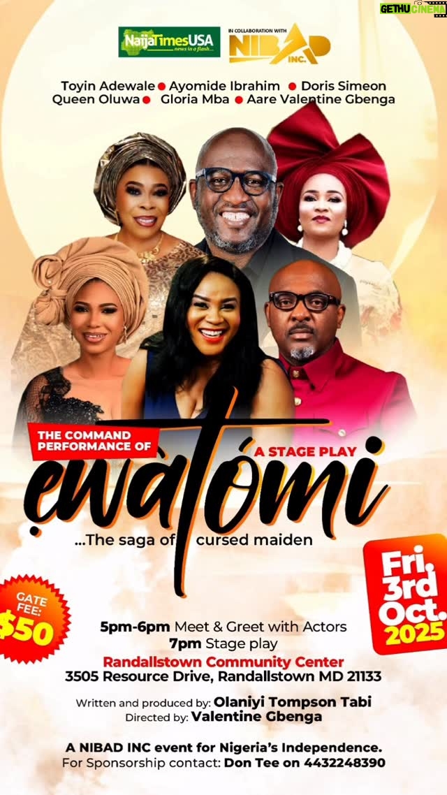 Doris Simeon - 241 Likes - @officialtoyinadewale 
My Mood Throughout This Week Cos EWATOMI (The cursed maiden) is coming on stage this Friday Oct 3rd 

Venue : Randallstown community Center 
3505 Resource Drive, Randallstown MD 21133

Time : 5pm - 6pm  Red Carpet 
Show starts  7Pm prompt 

Please call Teniola on 240-437-8342 to get your tickets. 

May God bless you as you all come out to support us 🙏❤️