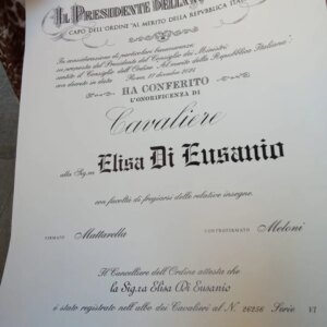 Elisa Di Eusanio Instagram - Uno dei regali più stupefacenti che mi ha fatto questo 2025 è stato ricevere la nomina di Cavaliere della Repubblica italiana per meriti artistici e sociali
Chi mi conosce bene sa quanto tutto questo possa essere vagamente stravagante per me 
Ad ogni modo è stata un' emozione grandissima 
Io non so perché abbia ricevuto questa nomina 
E ringrazierò sempre chi mi ha ritenuta meritevole di questo 
So solo che ogni giorno con tutte le mie storture, le contraddizioni e le ferite che mi porto dietro mi ricordo di scegliere da che parte stare e di non voltarmi davanti alla sofferenza umana e animale.
Sono in grado di cambiare le cose?
Assolutamente no
Ma vorrei non avere troppi rimpianti quando sarà il momento di abbandonare il campo 
Il mondo piange 
Scegliamo da che parte stare 
Auguri bella gente 
Auguri alle brave persone ✨✨✨