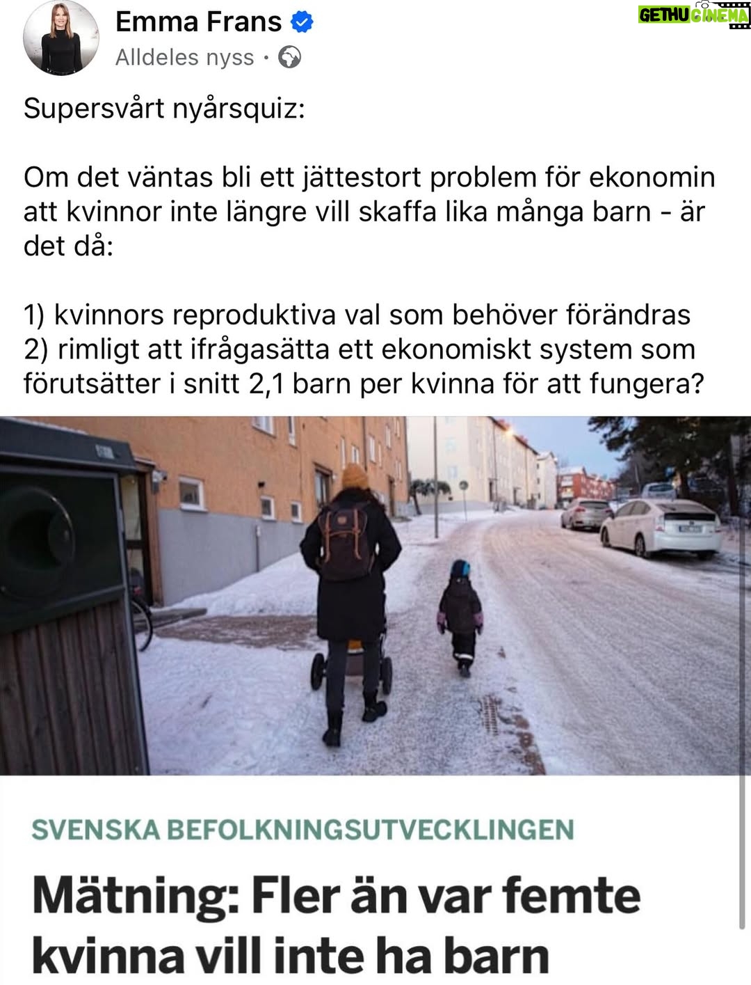Emma Frans - 4.3K Likes - Det spelar ingen roll om vi inte startar krig, inte röstar på högerpopulister och (i genomsnitt) har lägre klimatavtryck. I slutändan kommer skulden för världens undergång ändå läggas på oss kvinnor för att vi inte skaffade tillräckligt många barn.