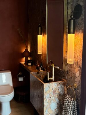 Erin Daniels Instagram - The evolution of a powder room, designed by yours truly. Almost there… Thank you Amy @kamp, @apparatusstudio and @waterworks for the mewd… it’s sexy as hell!