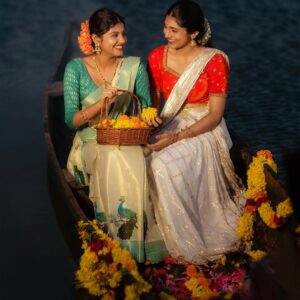 Gouri Gadhuzz Instagram - Happy onam🌼

Pc: @suresh_mukundan_photography 
@mukundanphotography 
💄: @makeover_by_archana 
Gadha’s costume: @ansisiyad 
Nivedya’s costume: @ar_handlooms_kuthampully 

#fyp #onam #nivedya