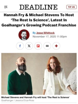 Hannah Fry Instagram - Big BIG news people. HUGE! 

An idea that's about two years in the making, I've joined the team @goalhanger for a brand new always-on podcast: The Rest Is Science⭐️

It's a podcast for people who like things both absurdly deep and deeply absurd. Science, but not in the way youve ever seen it before.

 Swipe for the trailer: 👉

My cohost is the inimitable Michael Stevens of Vsauce fame. I've been a fan of his for about fifteen years, and if you know his work, you'll understand why I'm so giddy i get to work with him. And if you've somehow missed him, buckle up - or at least find something to hold on to.

Our first episode is coming next week. Prepare your neurons accordingly..