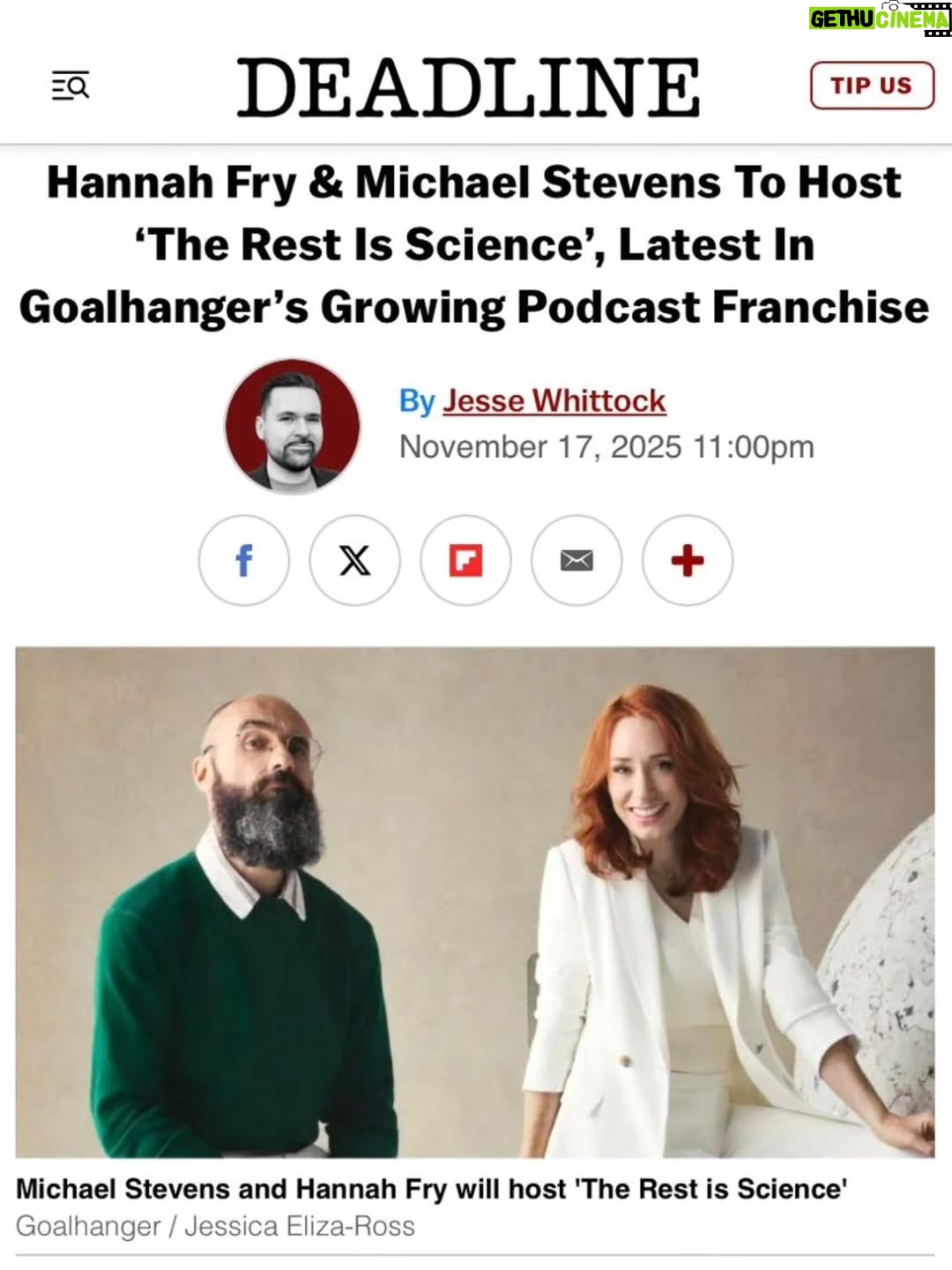Hannah Fry - 66.7K Likes - Big BIG news people. HUGE! 

An idea that's about two years in the making, I've joined the team @goalhanger for a brand new always-on podcast: The Rest Is Science⭐️

It's a podcast for people who like things both absurdly deep and deeply absurd. Science, but not in the way youve ever seen it before.

 Swipe for the trailer: 👉

My cohost is the inimitable Michael Stevens of Vsauce fame. I've been a fan of his for about fifteen years, and if you know his work, you'll understand why I'm so giddy i get to work with him. And if you've somehow missed him, buckle up - or at least find something to hold on to.

Our first episode is coming next week. Prepare your neurons accordingly..