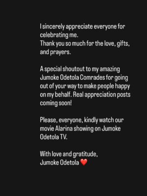 Jumoke Odetola Instagram - WHAT PEACE OF MIND LOOKS LIKE———————-No makeup, no filter, no edit 😍😍😍😍😍
Surrounded by love from wonderful people 

Full appreciation videos coming. 

Thank you everyone. God will honor you. 
I appreciate you all.

🎥 @jideawobona 

Biko, go & watch our movie ALARINA on JumokeodetolaTV