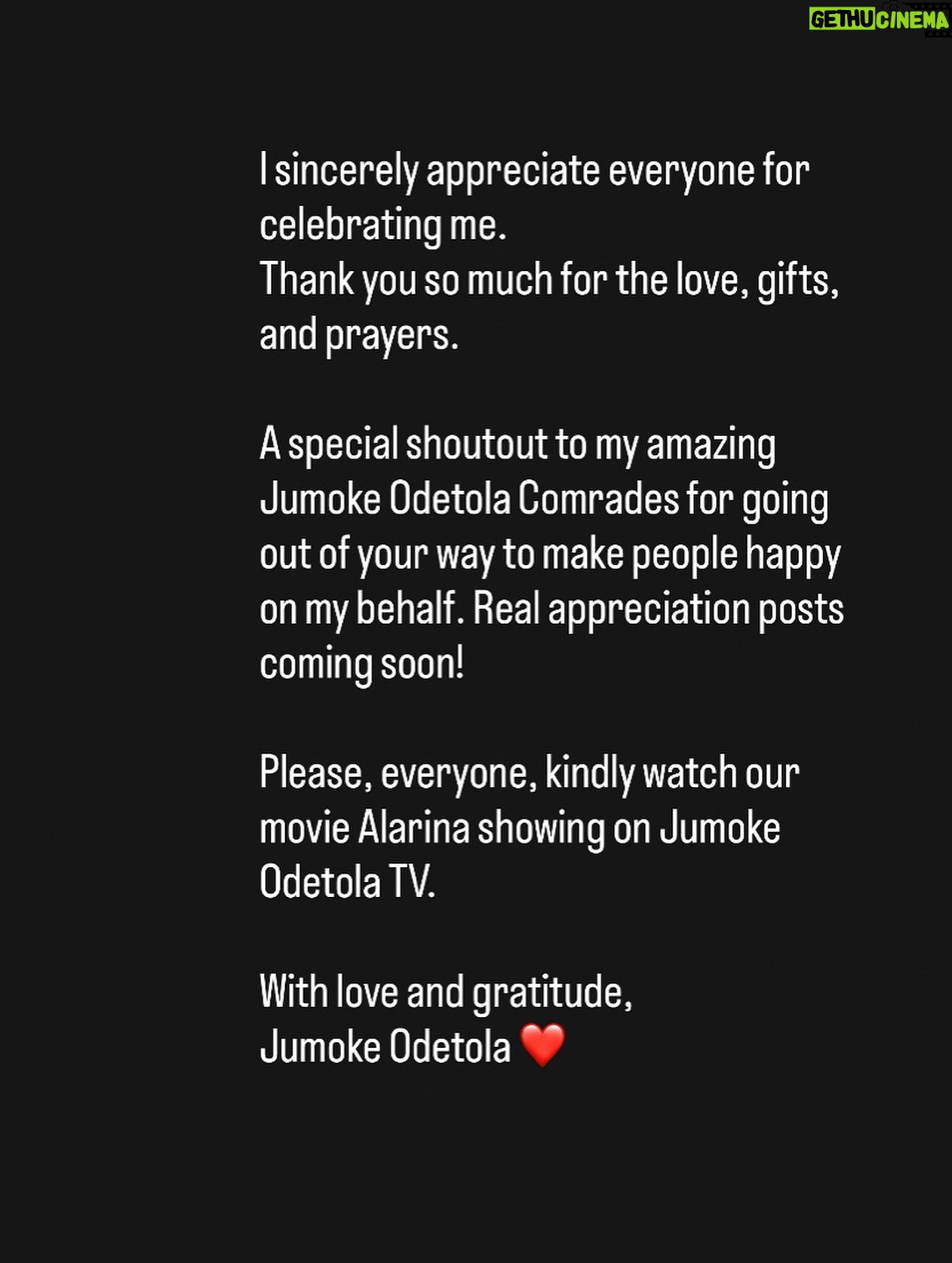 Jumoke Odetola - 24.3K Likes - WHAT PEACE OF MIND LOOKS LIKE———————-No makeup, no filter, no edit 😍😍😍😍😍
Surrounded by love from wonderful people 

Full appreciation videos coming. 

Thank you everyone. God will honor you. 
I appreciate you all.

🎥 @jideawobona 

Biko, go & watch our movie ALARINA on JumokeodetolaTV