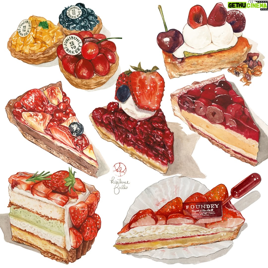 Kailene Falls - 6.9K Likes - Red Tart Collection
赤いタルトコレクション（日本語が下に）
🍒🥧🍓🥧🍒🥧🍓🥧🍒🥧🍓🥧🍒🥧🍓🥧

Tarts are one of my all-time favorite desserts. Something about the combination of buttery crust and tart fruit is just so good! I realized a huge percentage of the tarts I've painted are red, so I made a sort of satisfying collection of some of the red tarts I've eaten and loved! Which do you most want ot try?

② Cherry, Mango, and Blueberry Tarts ( @junibun_bakery )
③ Cherry Tart ( @torse_cafe )
④ Fig and Berry Tart ( @quilfaitbon_official )
⑤ Triple Berry Tart ( @sundaybrunch_s )
⑥ Cherry Custard Tart ( @ginzacozycorner )
⑦ Strawberry Tart ( @mothermooncafe_official )
⑧ Strawberry Tart ( FOUNDRY )

タルトが本当に大好き！バター香る生地に酸味を効いたフルーツのコンビネーションが本当に美味しいだもん！今までイラストにしたタルトは赤い色のものが多いと気づいて、まとめてコレクションにしてみました。どれを一番食べたいですか？私は本当に選べられないです！