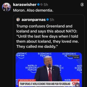 Kara Swisher Instagram - Women talking: @mollyjongfast and @karaswisher on what can only be considered definitive evidence of Trump’s serious decline. Please watch his speech at the World Economic Forum, Davos, Switzerland for yourselves and decide whether or not you think he’s fit to be president. And watch the speech by @markjcarney for a little contrast.