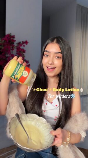 Kareena Tekwani Instagram - Ghee Body Lotion for Winters🥰❄️

✨Bright, Glowing & Buttery Smooth Skin✨

Ingredients used : (15 day batch)
3 Serving Spoons Ghee (can use lesser too if you don’t like it to be very greasy)
1 Serving Spoon Rose Water
1/2 Serving Spoon Aloe Vera Gel
1/2 Serving Spoon Almond Oil (optional)
2 Vitamin E Capsules 

You can adjust quantities based on the size you’re making- i’d suggest going for 7 day batch (use half of everything) if you just wanna give it a try or are unsure if it’ll get spoiled in a few days.

Please Note - It’s not recommended to be used by Oily/Acne Prone Skin Types since ghee & almond oil can trigger acne/breakouts for these skin types! 

Lemme know if this was useful 💞
.
.
.
.
.
[ DIY Ghee Body Lotion, Desi Skincare, Natural Winter Skincare, Ghee Moisturiser at home, Face & Body Care, Homemade Body Lotion, Dry Skin Remedy, Bridal Winter Skincare, Pre Wedding Skin Prep, Bridesmaid DIY Prep ]