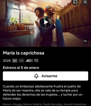 Karent Hinestroza Instagram - ¡ De estreno en Netflix ! 

Mi gente, me alegra mucho compartirles que finalmente saldrá al aire este hermoso proyecto que hemos realizado con todo el amor para stds, 
donde tengo el honor de interpretar a la mismísima María Roa. Una mujer que hizo y sigue haciendo historia en Colombia, y se ha convertido en referente mundial.

Muchas gracias al canal @caracoltv @caracoltvintl por producir esta historia tan importante, no sólo para Colombia si no para el mundo entero. Muchas gracias a todo el equipo que lo hizo posible. Gracias a nuestra productora @cubanacub, a nuestros directores Rafael Martinez y @daniel_arenass a todo el combo de dirección, gracias al equipo de fotografía @kalom_films y @sergioshuvan, muchas gracias arte @guarnizolizarralde, sonido, maquillaje, vestuario, técnica, utilería, tintos, catering... Y a los que se me escapen, a todos, muchas gracias. 

A mis compañeros actores, incluyendo extras, a  todos los que aportaron en esta historia, muchas gracias, qué placer compartir escena con todos ustedes. Gracias a nuestro maestro @ramsesramosoficial

Gracias a @paulamoreno_z por su maravilloso libro, Soñar Lo Imposible, en el cual se basa esta historia. 

Muchas gracias querida @mafepalaciotalentmanager por traerme hasta aquí. 

A la reina de reinas, a la inspiración, muchas gracias por su lucha, por su amor por todo lo que hace @mariaroaborja

¡ MARÍA LA CAPRICHOSA ! ESTRENO 5 DE ENERO EN NETFLIX 

#EstrenoenNetflix #Netflix #marialacaprichosa #KarentHinestroza #colombiantv