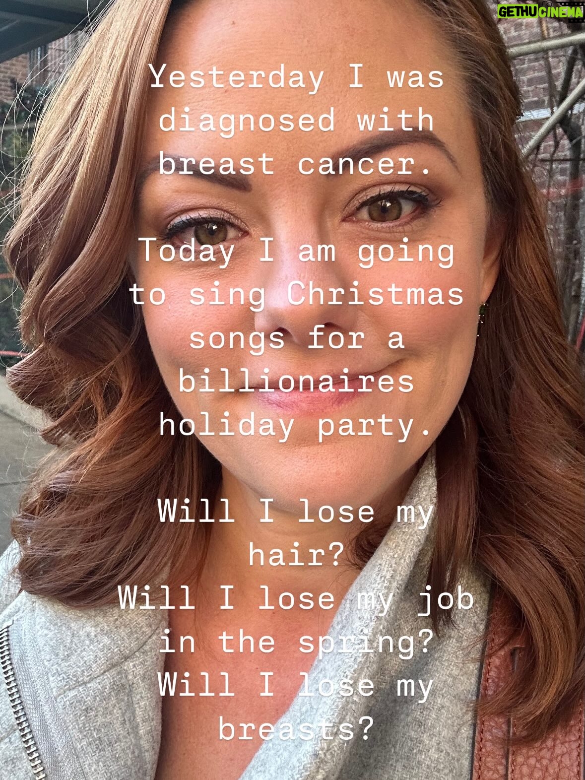 Kate Rockwell - 7.3K Likes - I took this photo one year ago, the day after I got the call that I had a small tumor in my right breast. One year ago, I found out I had cancer, and then curled my hair and went to work. What else do you do?? 

I didn’t think of it at the time, but today I look at these two photos (swipe for my thoughts that I wrote over the pic at the time) and see a reminder that you just never know what people are going through. This was one of the worst days of my life, but I’d like to think no one at that rich guy’s Christmas party knew watching me while I sang broadway songs and Christmas carols.

Everyone deserves grace. ❤️

#fuckcancer