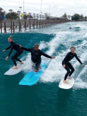 Kelly Noonan Instagram - Going to @surf.ranch last weekend was a bucket list moment. Despite the rain, we were all smiles. The staff at Surf Ranch were so sweet, talented and took such great care of us. The Airstreams were super cozy, the food was delicious, and the waves were, well, perfect (although intimidating too!)
I’m forever grateful for the legend @raimanaworld taking me under his wing and pushing me to be brave and trust myself. Listen to his genuine stoke as he cheers me on in the video. “Trust yourself” and “I love you!” he shouts at me. I went from a 10ft soft top to a 7’2” real board by the end of the weekend. He dropped me into the barrel and got me shampooed 🤣 I am proud of myself, because it does take courage to get out there on those CT3s! Thank you to @briannacope for always firing me up. “Are you PUMPED!?” I can’t wait to keep improving my form so I can keep up with Julianne 🔥
And to my beautiful friend @juleshough THANK YOU for inviting me to be a part of such a special weekend and such an extraordinary group of humans. Can’t wait to go back with you all when the sun is out! @kellyslater thank you for creating this little piece of heaven on Earth 🤙🏄♀️