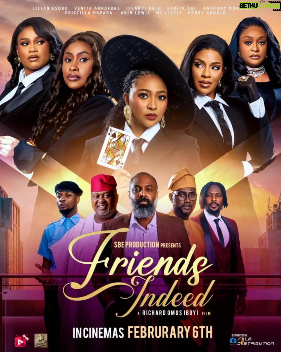 Lilian Esoro - 335 Likes - ・・・
LET’S START THE YEAR WITH A BANGGGGGG, IT’S NOT TOO EARLY DEARS

FRIENDS INDEED, a tale of friendship, betrayal, money and power,...
IN ALL CINEMAS 6TH OF FEB.

producer: Sandra Bremaud @queenofdaolonne 
Director: Richard Omos Iboyi @director_richards 
Executive producers:
Sandra Bremaud @queenofdaolonne
Pacass Adebayo @pacass5
Associate prod. @slashazhandle 
********
@lilianesoroo
@veezeebaybeh
@ifeanyikalu1
@paditaagu
@mc_lively
@anthonymonjaro
@priscillaokparaofficial
@missiyasara
@akinlewis_official
@alnordhenry

Distributed by @silverbirdfilmdistribution
Pm: Desmond Ejay ..@realdesmondejay
PC: Emmanuel Onoshoho @emmaejiro0
PC 2: Kwentua Lovelyn 
Assistant Director: @call.me.ayomide / @ayomide_slate
Script Supervisor: @call.me.ayomide / @ayomide_slate
DP Ajayi Olatunde 
Cam operator: Abiodun Wiwoloku 
Focus puller: olagbenroayooluwafemi@gmail.com
Cam assistant1 Tosin Aro 
Cam assistant 2
1st AC cam A
2nd AC cam B Quadr Agunpopo@Temitomi157
3rd  Ac cam A Eloke Joshua - @successful_exchange
Sound:Henry ndem Emole 
Boom swinger:Mr ayo /favy 
Gaffer David uzoma (@Aboylight)
Spark :Otuoma paul (America) @America_ap2
Best boy
Makeup @Kemeefreshartistry 
Makeup assistant 
Hair
Hair assistant
Art director: Taiwo Omoniyi (SlimTee) @slimteecreatsart @iamabokimusa
Props: Helen Joseph
Set dresser: Samson Pius
Costumier: Eucheria Adaobi Ugwumba 
 ( Ukdiamond )
IG. @ukconcept_12
Costumier assistant:
Jenylopez3267 Costumier assistant 2: gbellsart
DIT
PA 1 @iam_oluebubechiokegbe.
PA 2 @destinyogbu2024
Grip: Sean Glaude
Grip assistant
Location Driver 1
Location Driver 2
BTS still @vickey_tint_house
BTS video
@Dokubo Micheal-Location Manager
Ass producer- @slashazhandle