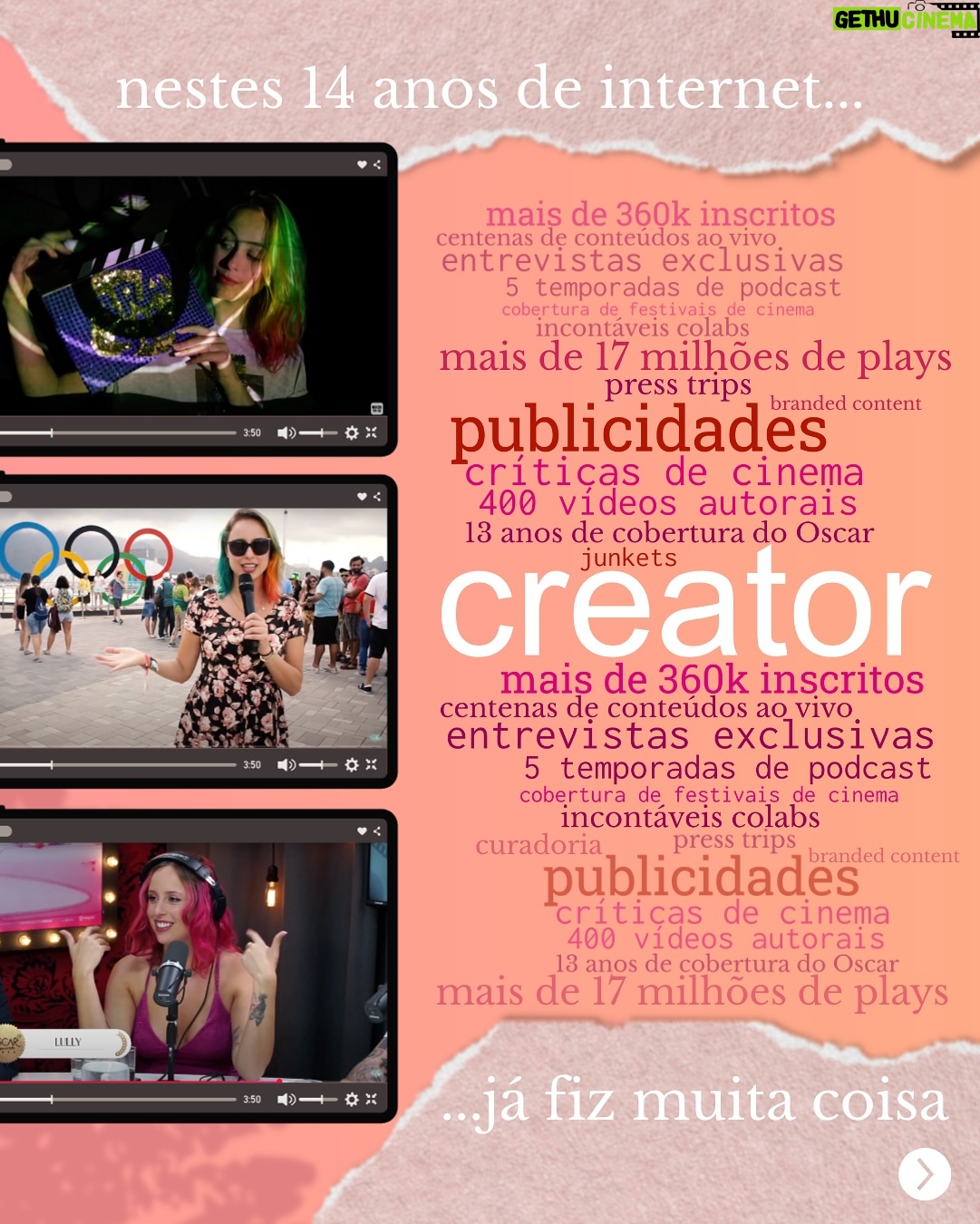 Luisa Clasen - 3.9K Likes - Sempre que me perguntam o que eu faço, eu dou uma bugada pq é tanta coisa…
Eu sou a garota do YouTube, do Canal Brasil, do cabelo colorido, e muitas outras versões minhas desde 2011, mas também sou produtora, diretora e guerreirinha do audiovisual. 

Retomando minha trajetória no cinema, tenho abraçado cada vez mais trabalhos por trás das câmeras. É o tipo de coisa que não aparece a minha cara, mas tem meu toque ali.

Passa pro lado pra ver um panorama do que tá rolando atualmente e se você é novo ou nova aqui, minhas sinceras boas vindas! Eu amo compartilhar um pouco disso tudo que eu sou, então chega mais!

Ah, e se eu te incentivei a estudar cinema, deixa uma 🎬 no seu comentário pra eu saber?