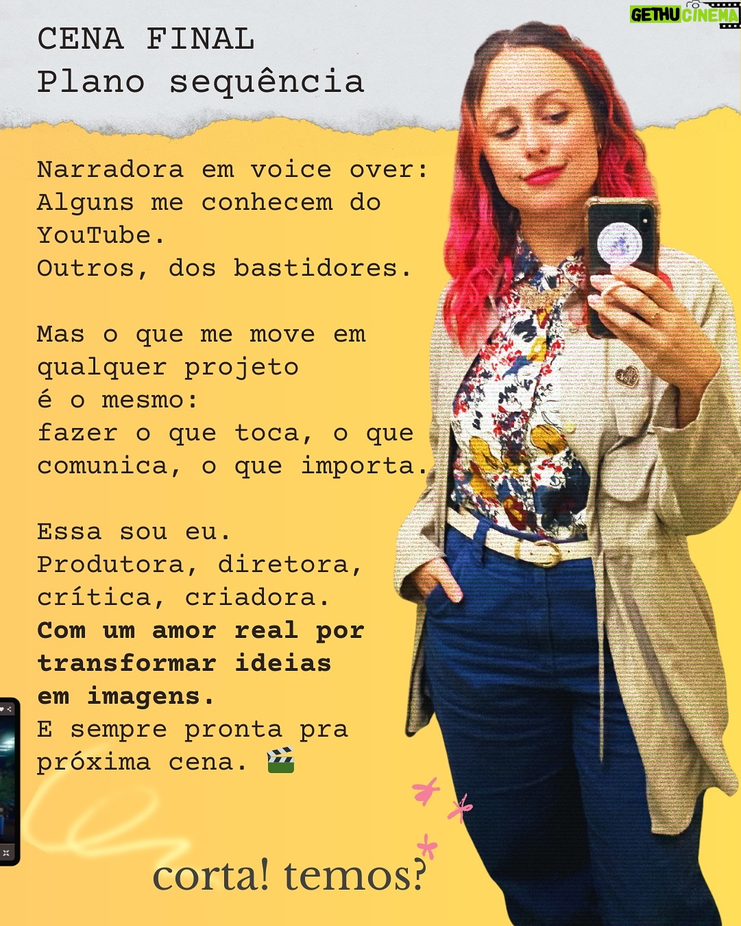 Luisa Clasen - 3.9K Likes - Sempre que me perguntam o que eu faço, eu dou uma bugada pq é tanta coisa…
Eu sou a garota do YouTube, do Canal Brasil, do cabelo colorido, e muitas outras versões minhas desde 2011, mas também sou produtora, diretora e guerreirinha do audiovisual. 

Retomando minha trajetória no cinema, tenho abraçado cada vez mais trabalhos por trás das câmeras. É o tipo de coisa que não aparece a minha cara, mas tem meu toque ali.

Passa pro lado pra ver um panorama do que tá rolando atualmente e se você é novo ou nova aqui, minhas sinceras boas vindas! Eu amo compartilhar um pouco disso tudo que eu sou, então chega mais!

Ah, e se eu te incentivei a estudar cinema, deixa uma 🎬 no seu comentário pra eu saber?