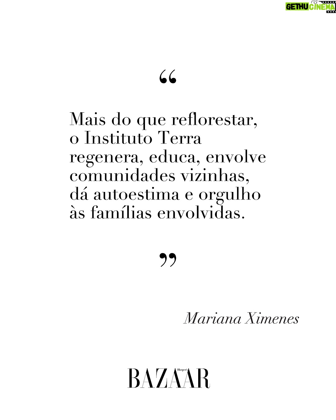 Mariana Ximenes - 1.4K Likes - Capa da #BAZAAROutubro, @marianaximenes se une ao legado de Lélia e Sebastião Salgado para transformar consciência ambiental em ação. Entre as árvores do Instituto Terra, onde uma fazenda degradada virou floresta viva, a atriz reencontra suas raízes e reflete sobre o poder da regeneração, O editorial exclusivo clicado em meio à vegetação renascida do Vale do Rio Doce, é um gesto de amor à natureza e à arte, e mostra uma Mariana mais conectada, inteira e militante.

Leia a matéria completa no site da BAZAAR e descubra como moda, ativismo e afeto se entrelaçam nessa história de recomeço. #MarianaXimenesNaBAZAAR
***
Fotografia: @josefinabietti
Styling: @carlosesser
Beleza: @casagrandegui
Texto: @alefarah
Direção de arte: @ykleinmori
Retouch: @gpretouching
Assistente de foto: @marinanajjar
Assistente de beleza: @danniquess
Agradecimento especial: Instituto Terra, Lélia Salgado, @juliano_r_salgado e Rodrigo Salgado
Equipe Instituto Terra: @‌quemario @carolina.sampaio Caroline Siloto, Gederson Felisberto da Silva (Dedi), Marcos Garcia Lopes (Marquinhos), Moisés Marcelino (@viveiroeconativas), Heriklis Douglas, @jovanderpito e Victoria Pimenta