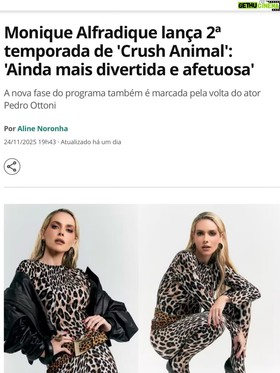 Monique Alfradique - 2.8K Likes - 🐾 Crush Animal estreia sua segunda temporada nesta sexta, às 18h30, no Multishow!
Criado por mim e pela minha parceira @andreabatitucci , direção impecável @caroldurao e comigo no palco o talentoso @pedroottoni_ e uma sala de roteiristas mulheres potentes!@priscilanicolielo @marcellioliveira 

Te esperamos sexta!

💘 O amor está no ar!

@tvglobo @globoplay @quem 

Obg @formata @danibusoli @leonardolessalopes @maryzamacedo @de4fig por nessa jornada linda!

ph @tarricone 
beauty @marcomontenegro1 
styling @thiagosetra 
assis @pdroaugusto @femiyazawa 
@evvacomunicacao