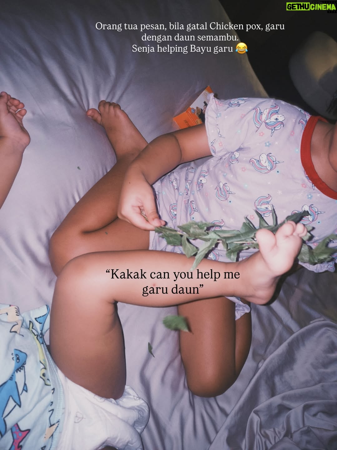 Nadia Aqilah - 867 Likes - Bayu’s chicken pox diaries and my new found love for daun semambu 🥹 Pertama kali jaga orang chicken pox (sama je perangai tak macam sakit pun 😂) but grateful this happens when I’m on my year end break 🥹 

Dah it’s a wrap for Bayu’s chicken pox. 5 days yang macam tabib 😂 Senja pulak some day eh 😌 Take care everyone xxx