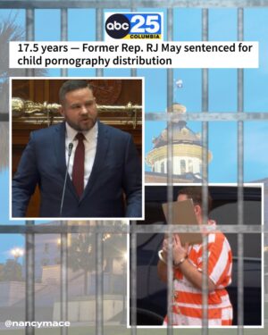 Nancy Mace Instagram - NO ONE is above the law. 

Former SC State Rep RJ May sentenced to 17.5 years for distributing child pornography.

As Governor, I'll push for the harshest penalties for anyone who harms children. Predators will face swift, severe justice.

NOT on my watch.