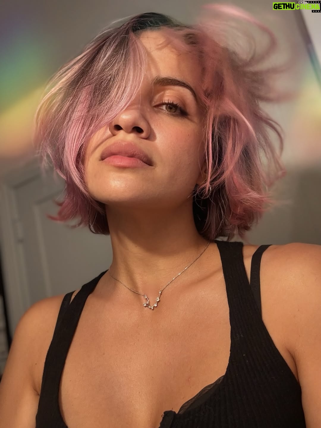 Natalie Morales - 10.3K Likes - Take care of each other. It’s the only way through. That’s all I really know at the moment. 
Here’s some proof of life:
1. My hair is pink again and it’s the closest to my natural state I think? 2. Taco in a tux. 3. Taco in a tux at his Quinceañero. 4. @hooraymae ‘s new show is so good 5. My niece. 6. We don’t like bright lights 7. @oasis 8. The muhn! 9. I said I don’t like bright lights. 10. The florist who wrote this almost entirely unreadable card really made my day 11. Me and Waino the Great at Cyrina’s extravaganza 12. @leahwellbaum is in a one sided relationship with Joey, Taco’s separation anxiety dummy. 13. @lcdsoundsystem 14. One of the many paths to take to find your way in Los Angeles.