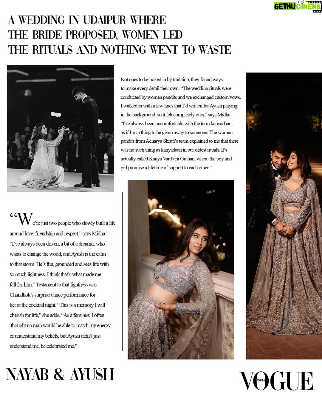 Nayab Midha - 137.7K Likes - “We’re just two people who slowly built a life around love, friendship and respect,” 

Nayab & Ayush 🤍

As seen on @vogueindia 
Penned by @boichatterjee 

Bride - @nayab.midha
Bridal Makeup - @makeoversbyridhiverma
Cocktail Makeup - @nehabilandimakeovers 
Hair - @vinodartistry
Outfit - @marwarcouture @payalkeyalofficial 
Jewellery - @raabtabyrahul @kaya_diamonds @amamajewels 
Styling - @simrankumar19