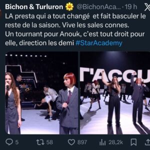 Océane Colom Instagram - Chanter je t’accuse sur TF1 en duo avec Anouk, c’était beau, puissant et c’était surtout important. 
Merci pour l’écho que vous faites à ce moment d’union et de sororité et merci à tous ceux qui ont permis qu’il existe ✊🏻💜
Encore bravo à @anouklein pour sa qualification pour la tournée et force pour la suite de l’aventure @staracademytf1 ✨