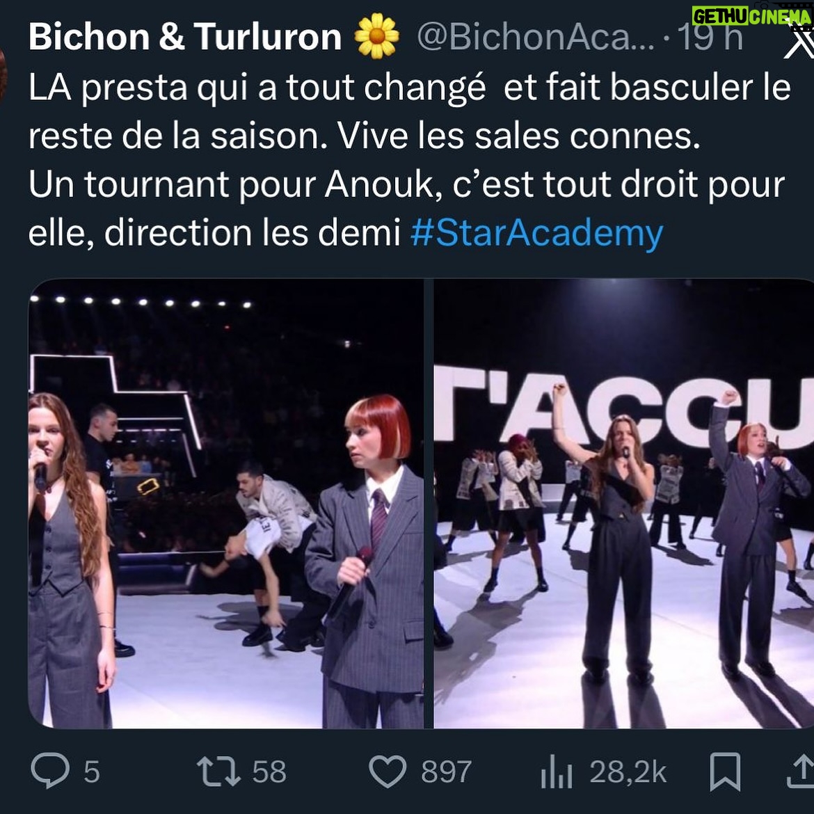 Océane Colom - 43.6K Likes - Chanter je t’accuse sur TF1 en duo avec Anouk, c’était beau, puissant et c’était surtout important. 
Merci pour l’écho que vous faites à ce moment d’union et de sororité et merci à tous ceux qui ont permis qu’il existe ✊🏻💜
Encore bravo à @anouklein pour sa qualification pour la tournée et force pour la suite de l’aventure @staracademytf1 ✨