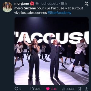 Océane Colom Instagram - Chanter je t’accuse sur TF1 en duo avec Anouk, c’était beau, puissant et c’était surtout important. 
Merci pour l’écho que vous faites à ce moment d’union et de sororité et merci à tous ceux qui ont permis qu’il existe ✊🏻💜
Encore bravo à @anouklein pour sa qualification pour la tournée et force pour la suite de l’aventure @staracademytf1 ✨