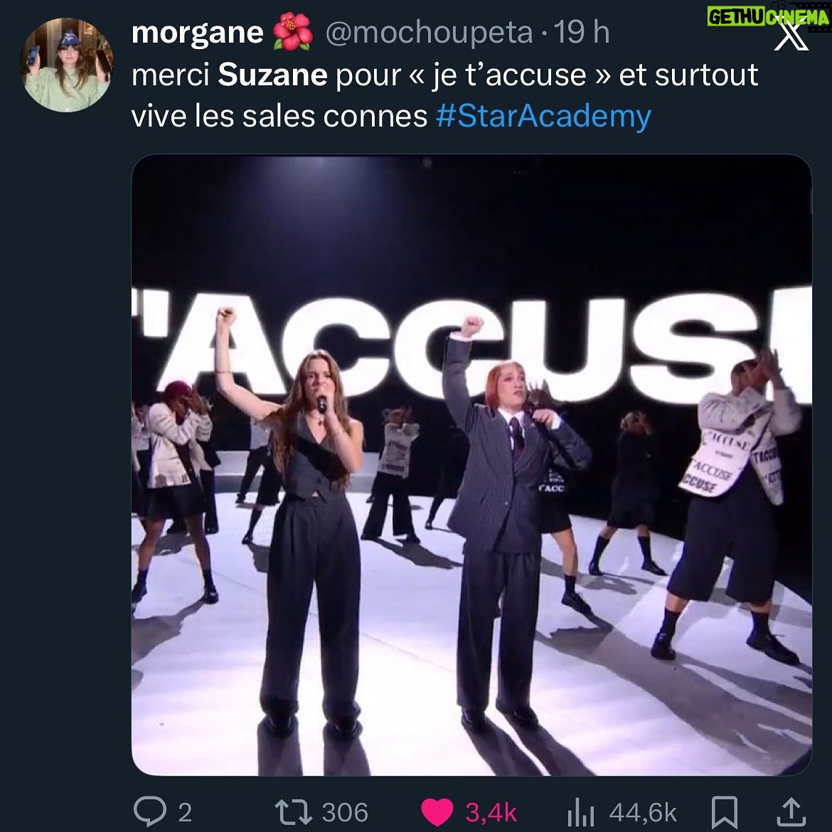 Océane Colom - 43.6K Likes - Chanter je t’accuse sur TF1 en duo avec Anouk, c’était beau, puissant et c’était surtout important. 
Merci pour l’écho que vous faites à ce moment d’union et de sororité et merci à tous ceux qui ont permis qu’il existe ✊🏻💜
Encore bravo à @anouklein pour sa qualification pour la tournée et force pour la suite de l’aventure @staracademytf1 ✨