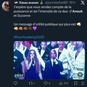 Océane Colom Instagram - Chanter je t’accuse sur TF1 en duo avec Anouk, c’était beau, puissant et c’était surtout important. 
Merci pour l’écho que vous faites à ce moment d’union et de sororité et merci à tous ceux qui ont permis qu’il existe ✊🏻💜
Encore bravo à @anouklein pour sa qualification pour la tournée et force pour la suite de l’aventure @staracademytf1 ✨