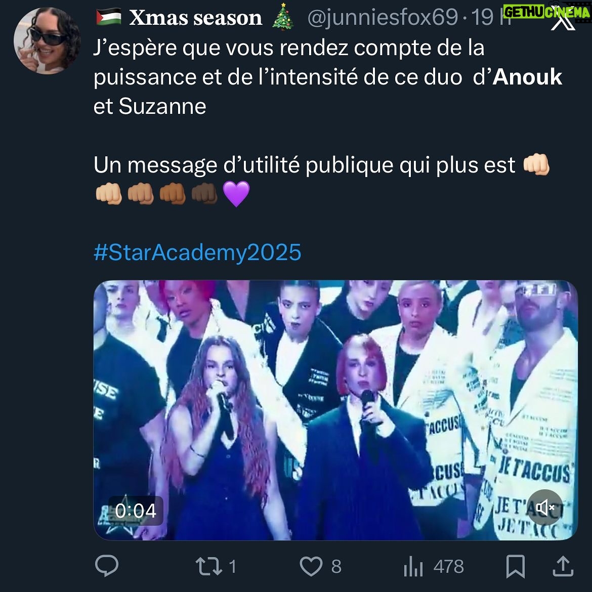Océane Colom - 43.6K Likes - Chanter je t’accuse sur TF1 en duo avec Anouk, c’était beau, puissant et c’était surtout important. 
Merci pour l’écho que vous faites à ce moment d’union et de sororité et merci à tous ceux qui ont permis qu’il existe ✊🏻💜
Encore bravo à @anouklein pour sa qualification pour la tournée et force pour la suite de l’aventure @staracademytf1 ✨