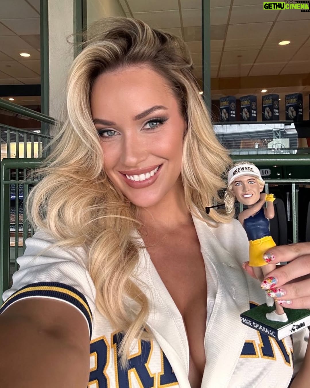 Paige Spiranac - 183.4K Likes - What a crazy couple of weeks! 

-Raised a ton of money with Jerry Kelly at @genevanationalresort!
-Had my own bobblehead night with the @brewers and threw out the first pitch⚾️
-Co hosted the @lagolf party and we also worked on something really exciting👀
-Fun collab with the @bobdoessports crew