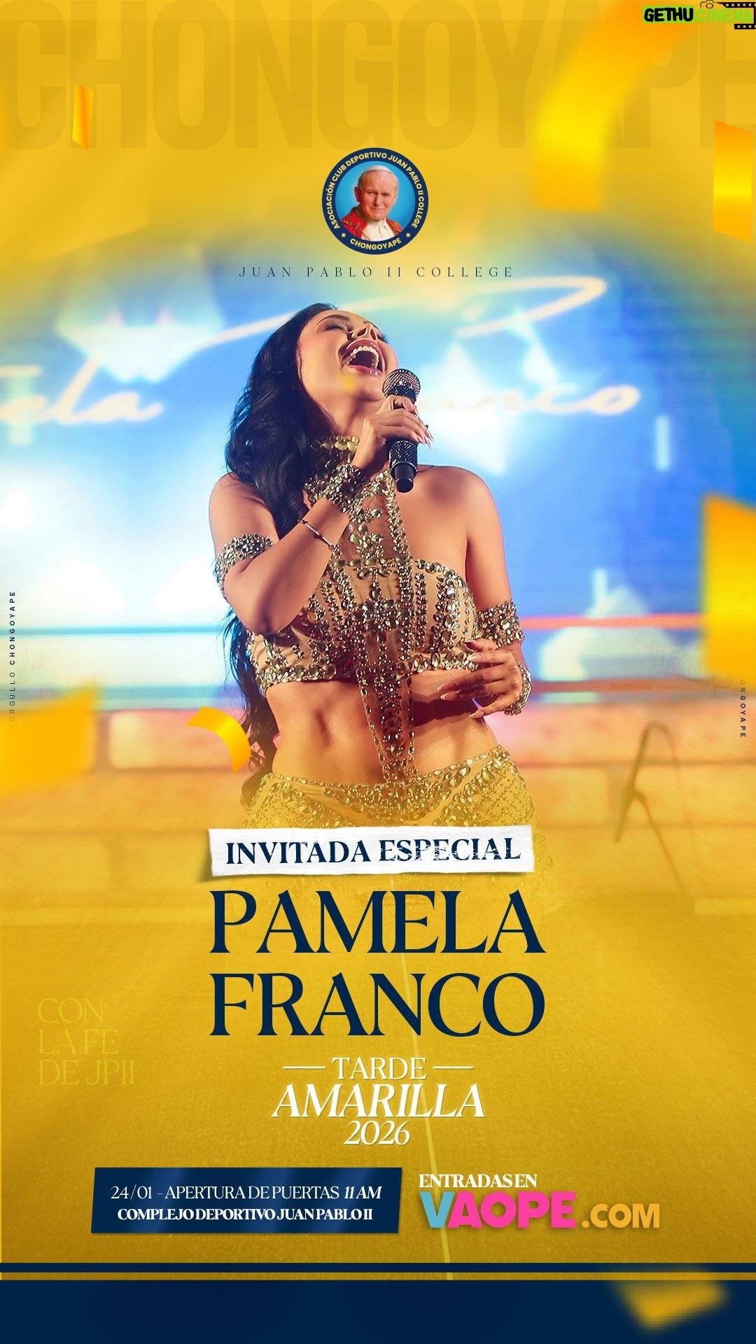 Pamela Franco - 2.3K Likes - 🎤⚽ ¡La Tarde Amarilla se vive a lo grande!

Nuestra invitada de lujo es Pamela Franco, quien llega a Chongoyape para compartir juntos la presentación oficial del Club Juan Pablo II – Temporada 2026. 💛🤍

Disfruta 3 horas de espectáculo en vivo con orquesta completa, en una celebración llena de fútbol, música y pasión.

¡Vamos Juan Pablo!
¡Arriba Chongoyape! 💪🎶

#tardeamarilla #arribachongoyape #conlafedejuanpablo #pamelafranco #vamosjuanpablo