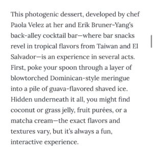 Paola Velez Instagram - Thank you @washingtonianmag for ending 2025 on such a high note and naming our Baked Alaska Shaved Ice one of your favorite dishes of the year. 

🍧 we’re truly honored by all of the frio-Frio/minuta/kakigori love 🍧

For folks wondering where to spend NYE—we’ll be open 🎉

(Ps- congratulations to our friends @elviejo.cak for their feature as well!! ¡Wepa!)