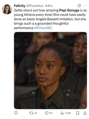 Pepi Sonuga Instagram - Years ago, I was honored with the chance to play Young Athena, and it’s been a continuous honor to be brought back. But nothing compares to this most recent episode where I got to act across and alongside one of my heroes, the legendary Mrs. Angela Bassett.

Thank you for your grace, your brilliance, your aura, and your power. You are everything and more, and I will forever cherish this experience im.angelabassett. 🤍

New (epic) episode of @911onabc airing now xx

#911onABC #YoungAthena