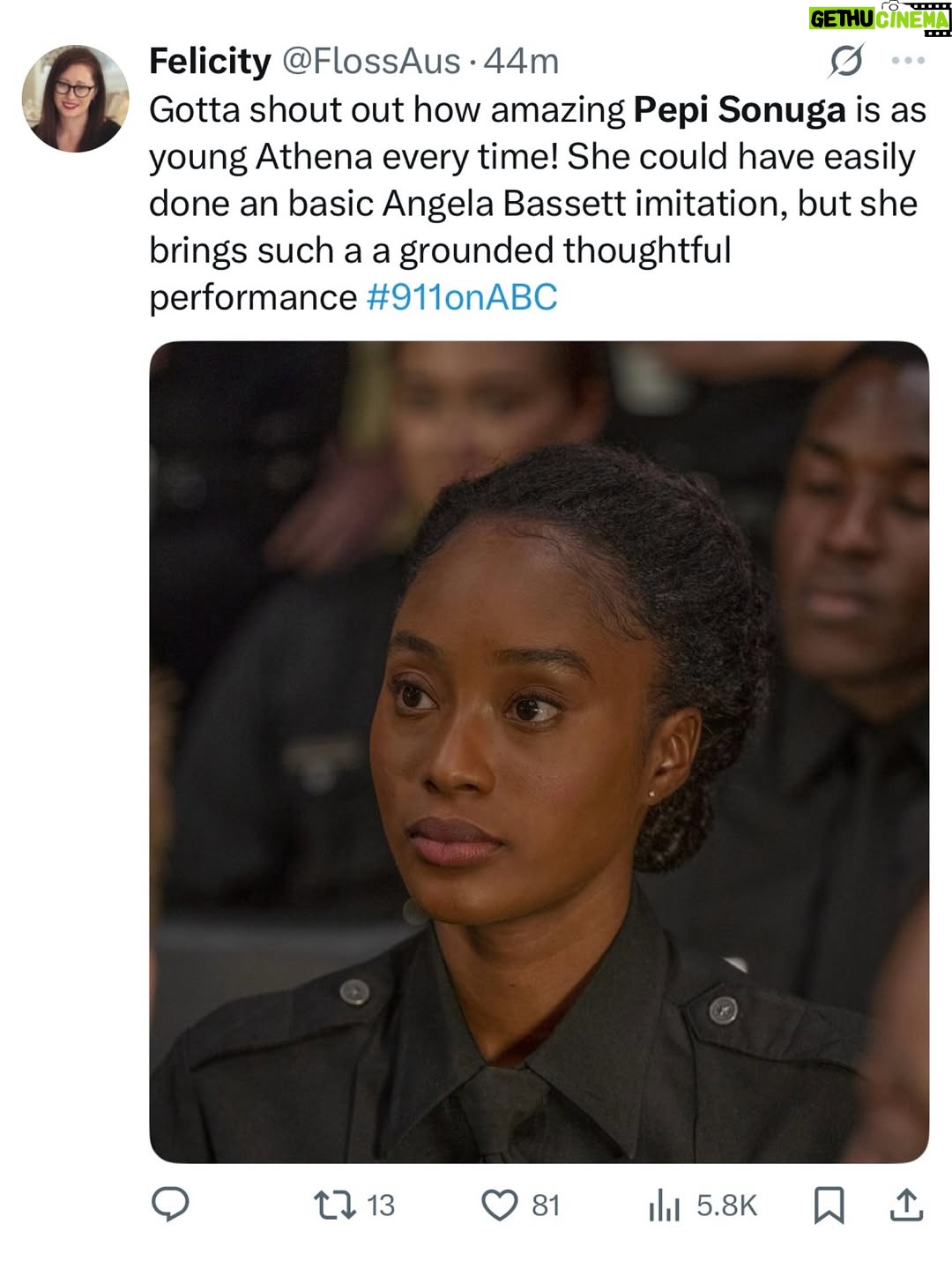 Pepi Sonuga - 5.5K Likes - Years ago, I was honored with the chance to play Young Athena, and it’s been a continuous honor to be brought back. But nothing compares to this most recent episode where I got to act across and alongside one of my heroes, the legendary Mrs. Angela Bassett.

Thank you for your grace, your brilliance, your aura, and your power. You are everything and more, and I will forever cherish this experience im.angelabassett. 🤍

New (epic) episode of @911onabc airing now xx

#911onABC #YoungAthena