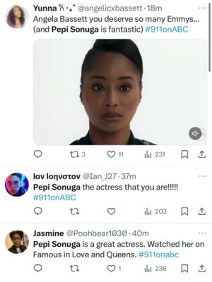 Pepi Sonuga Instagram - Years ago, I was honored with the chance to play Young Athena, and it’s been a continuous honor to be brought back. But nothing compares to this most recent episode where I got to act across and alongside one of my heroes, the legendary Mrs. Angela Bassett.

Thank you for your grace, your brilliance, your aura, and your power. You are everything and more, and I will forever cherish this experience im.angelabassett. 🤍

New (epic) episode of @911onabc airing now xx

#911onABC #YoungAthena
