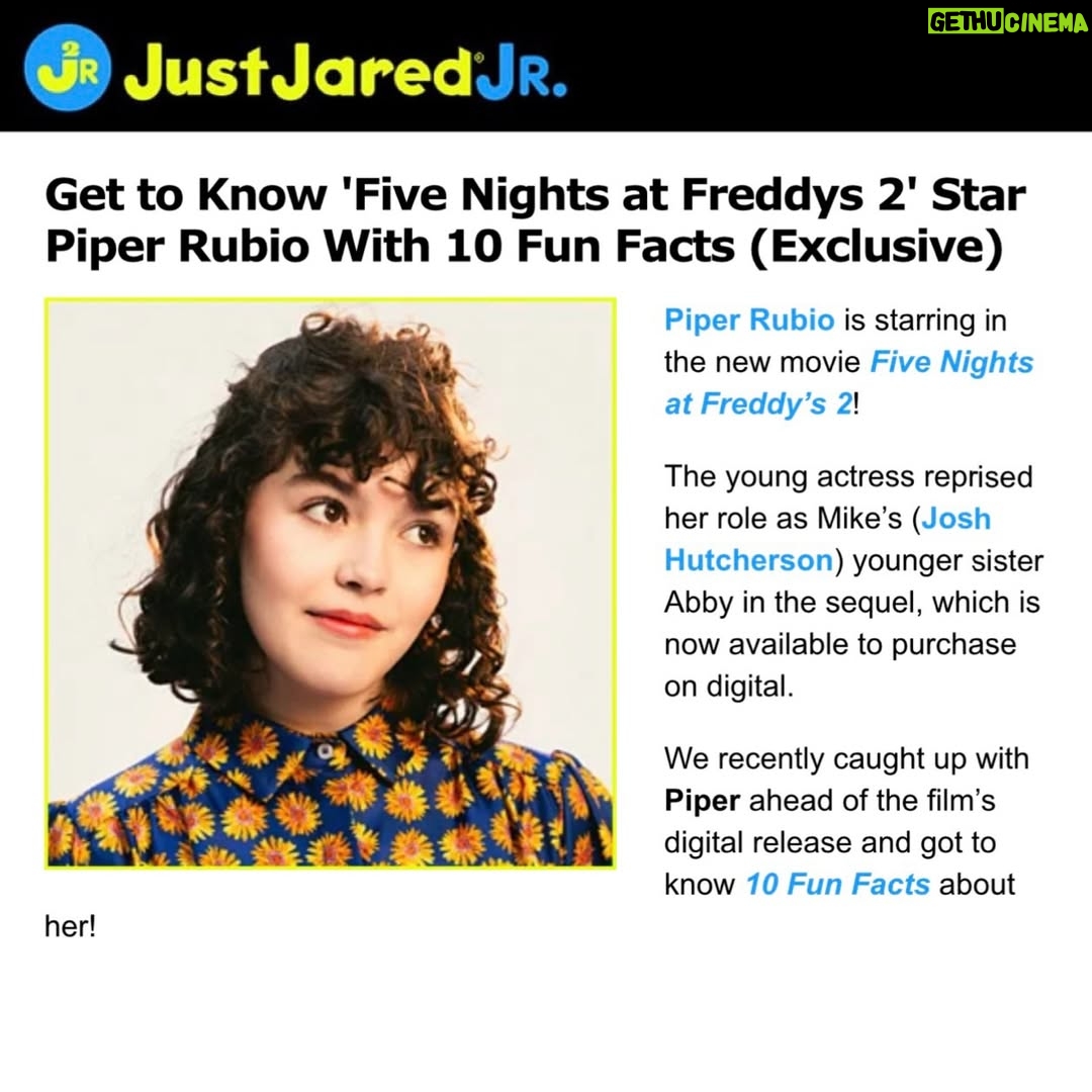 Piper Rubio - 17.8K Likes - Thanks @justjaredjr for a fun interview! Dropping lore on y’all about Freddy Fazcat🐈‍⬛ and more…full interview here: 

https://www.justjaredjr.com/2025/12/23/get-to-know-five-nights-at-freddys-2-star-piper-rubio-with-10-fun-facts-exclusive/

Special thanks to dream team✨

Photographer: @messinaphotos 
Styling: @deborahfergusonstylist 
Hair: @ryannyc 
Makeup: @_nicolemaguire_