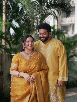 Prableen Kaur Bhomrah Instagram - Satyanarayan Katha for our new home🧿🧡
PKB’s outfit @kalkifashion
Rahul’s outfit @houseofkari.in
