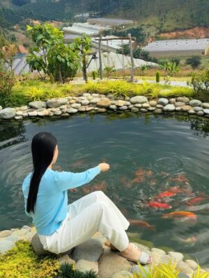 Quỳnh Hoa Bùi Instagram - Có những ngày, hạnh phúc đơn giản là ngồi bên hồ cá, ngắm nhìn mây trôi giữa trời. Đà Lạt – nơi Hoa cho phép bản thân sống chậm lại, tận hưởng không khí thiên nhiên 😌 cùng nhìn lại hành trình 1 năm qua chuyển khẩu về DaLat sao nhanh quá ta ❤️